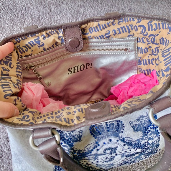 Y2K Juicy Couture Grey and Blue Rhinestone Mini Tote Velour Bag - Picture 3 of 3